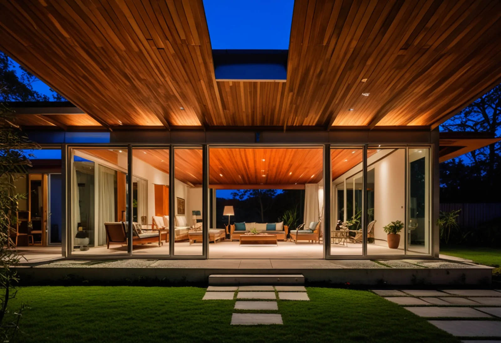 Design proposal for the Hollandale lot: a glass-walled pavilion under a broad wood-lined roof, lit from within at dusk