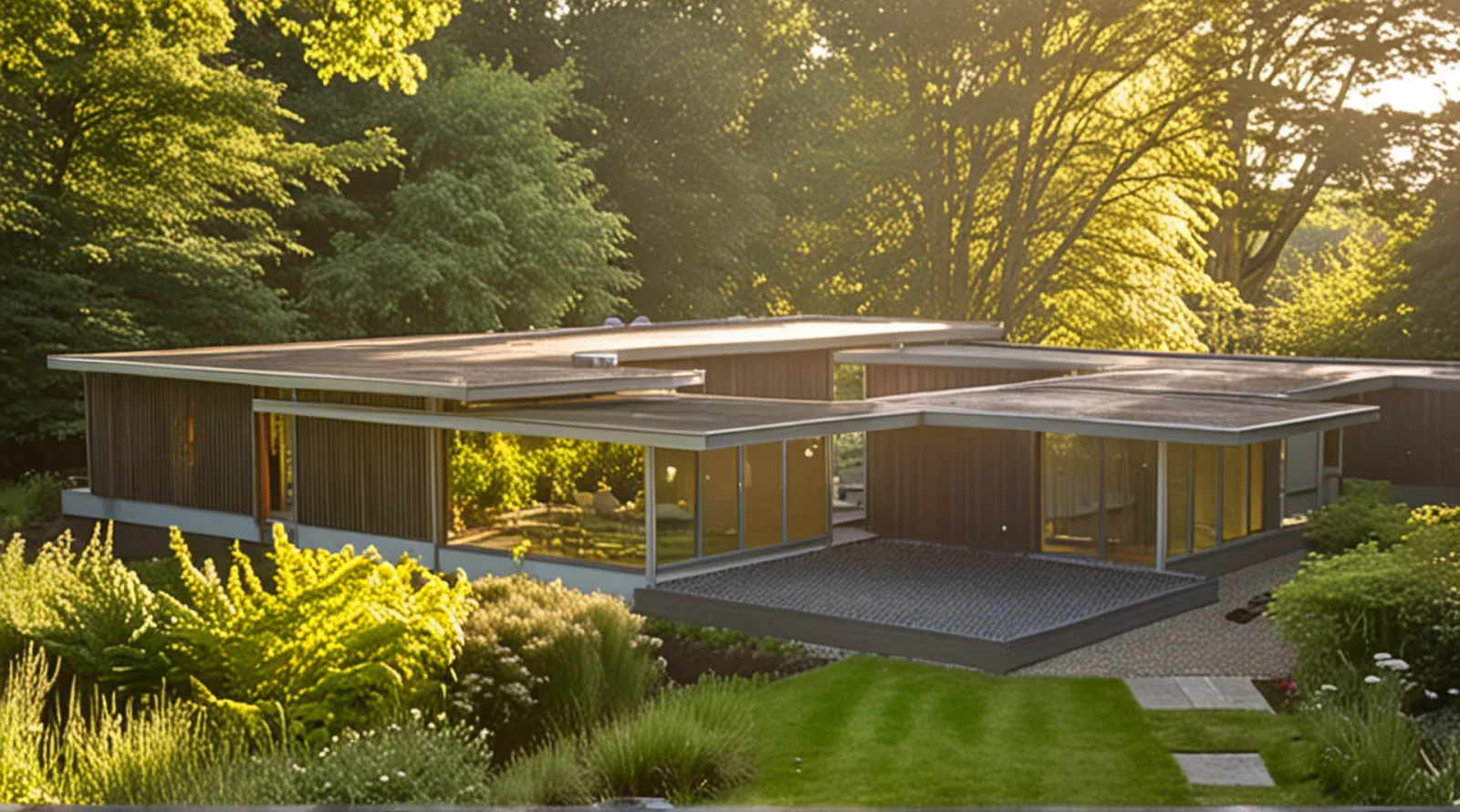 Render of the concept house from the garden: low, flat-roofed, opened in glass to the lawn
