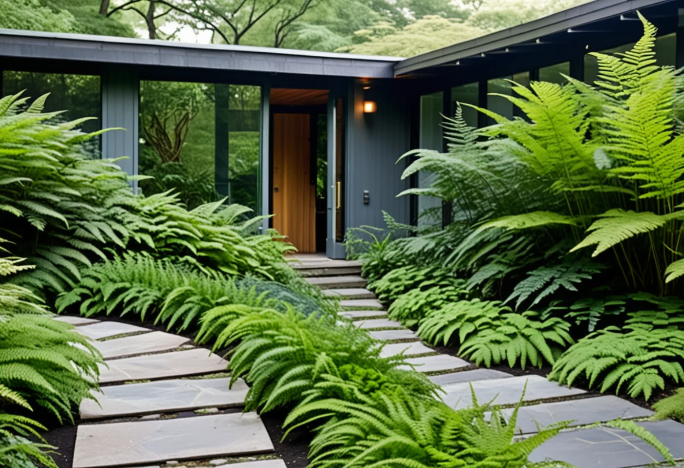 Dark steel in a fern garden