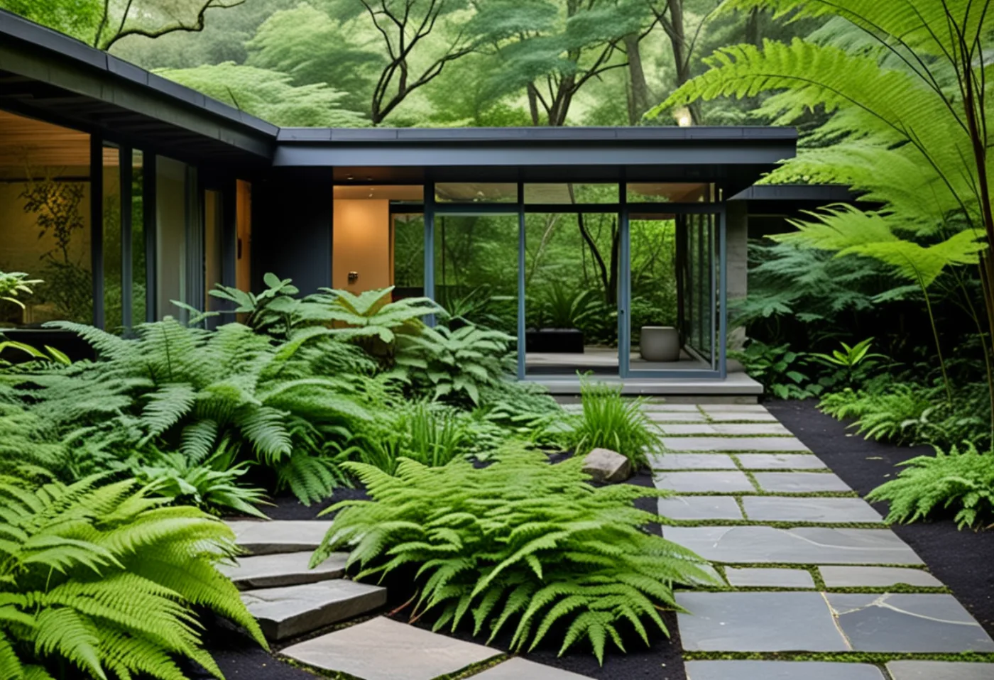 Dark steel in a fern garden