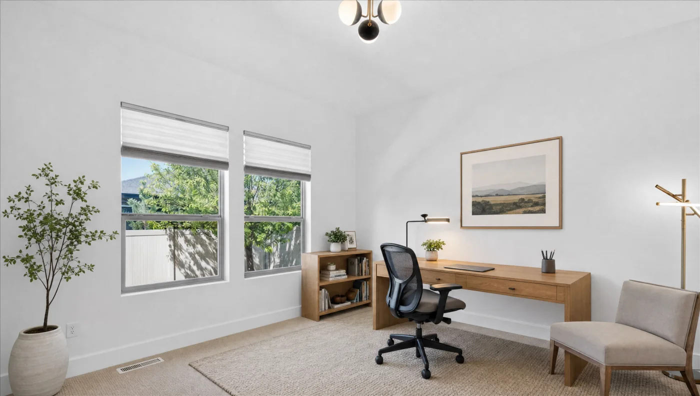 The same flex room, virtually staged as a home office with desk, chair and plant