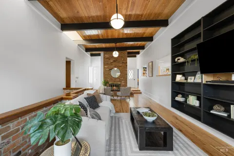 Family room, beamed ceiling and built-ins