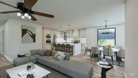 Render — great room into the kitchen